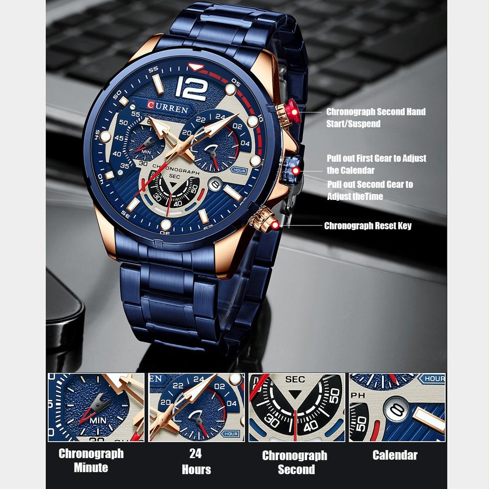 Men Quartz Watch with Six-hand Steel Strap and Calendar - White Shell Black 5