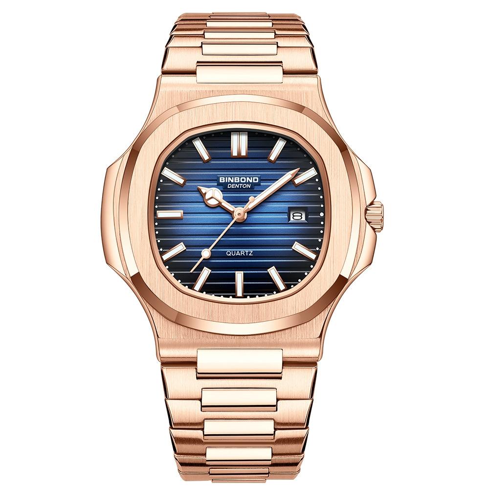Retro Luminous Square Men Quartz Watch - 30m Waterproof - Rose Gold-Blue 13