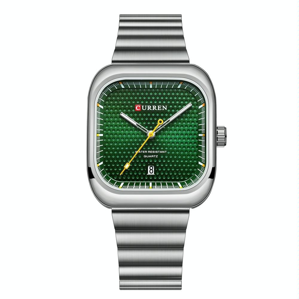 Men Square Steel Strap Quartz Watch - Casual Style - White Shell Green