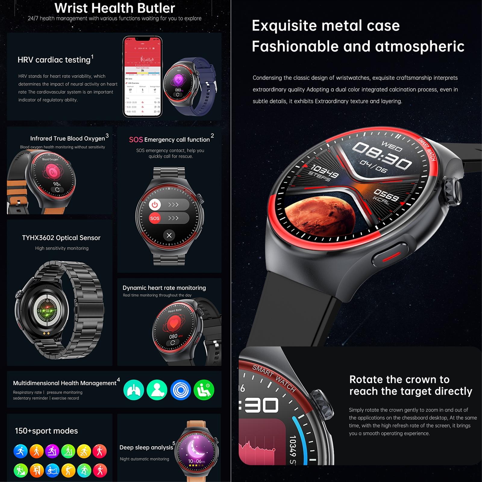 Smart Round Screen Watch With Bt Call And Health Tracking - Leather - Leather Black 11