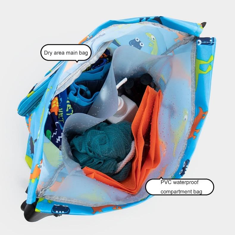 Blue Waterproof Drawstring Beach Bag L Size For Kids Wet & Dry Separation Shoulder Strap - Blue S 3