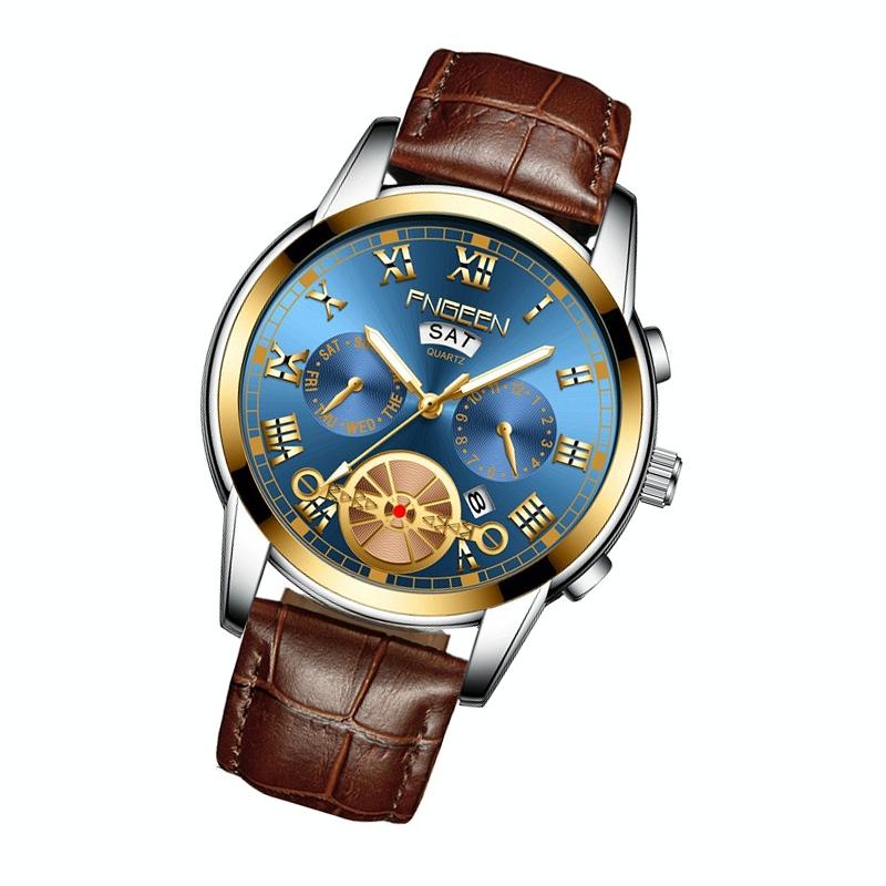 Men Multi-function Quartz Watch with Brown Leather Strap and Gold Blue Dial 3