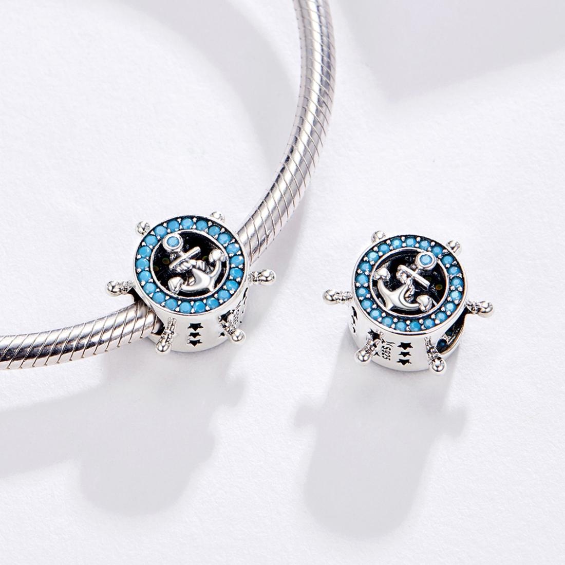 925 Sterling Silver Diy Boat Rudder Bracelet & Blue Beads 7