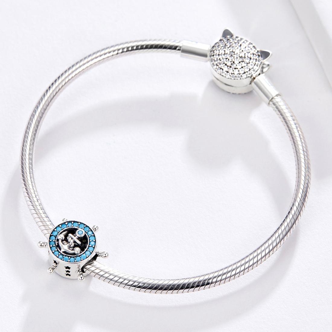 925 Sterling Silver Diy Boat Rudder Bracelet & Blue Beads 8