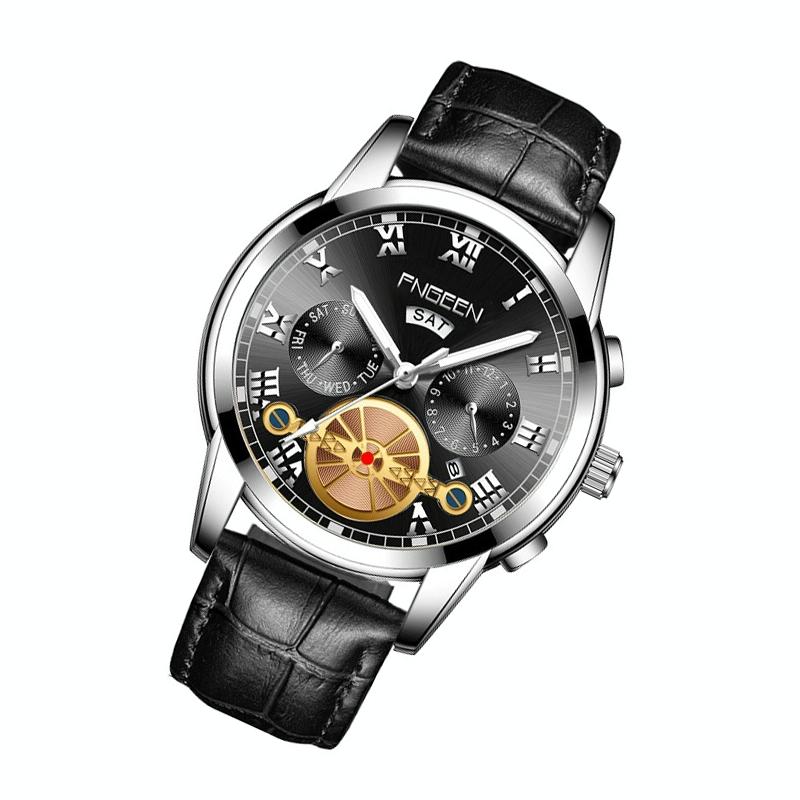 Men Multi-function Quartz Watch - Black Leather Band White Steel Face