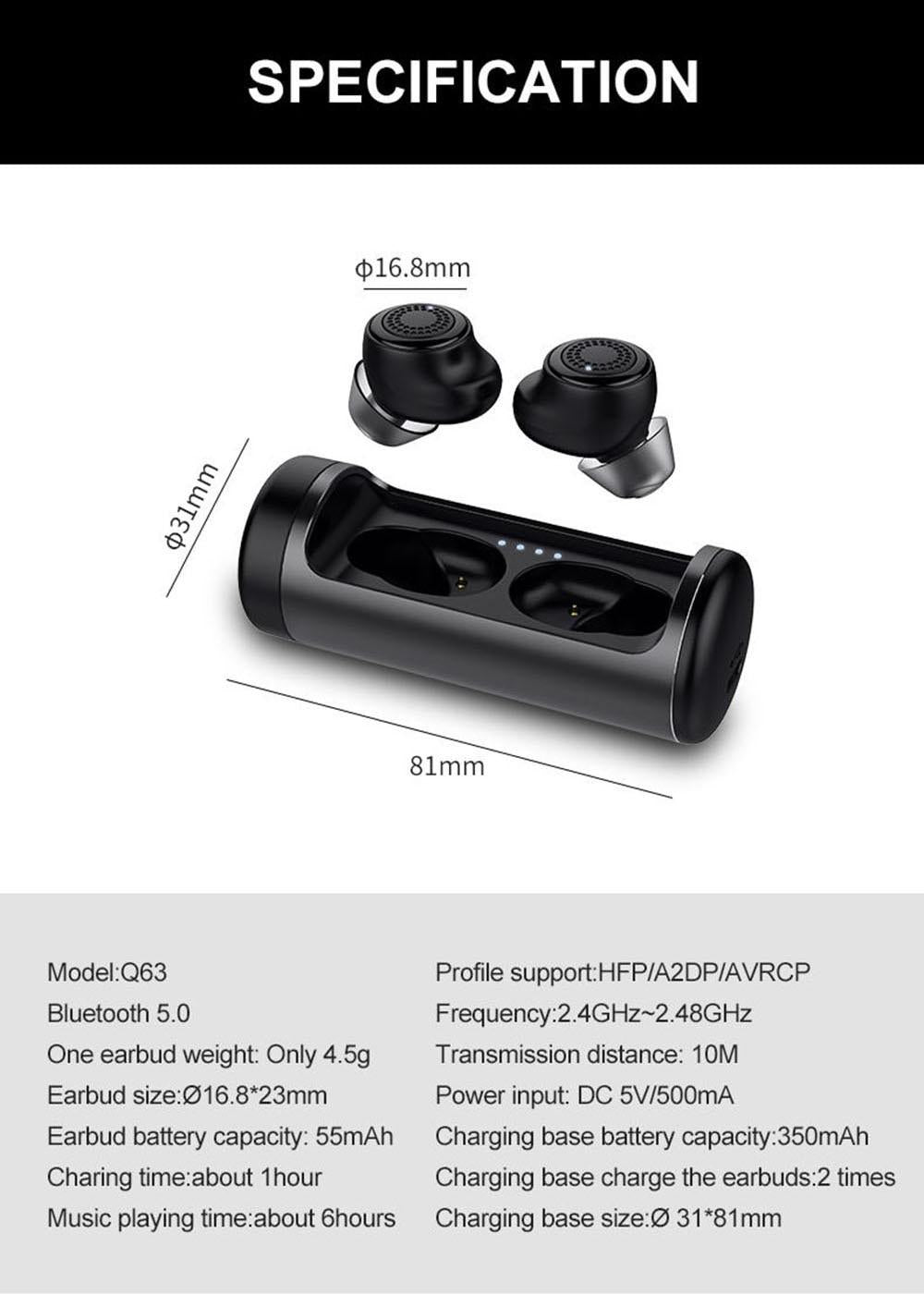 Waterproof Q63 Tws Wireless Earbuds with 3d Stereo Sound and Charging Case 12