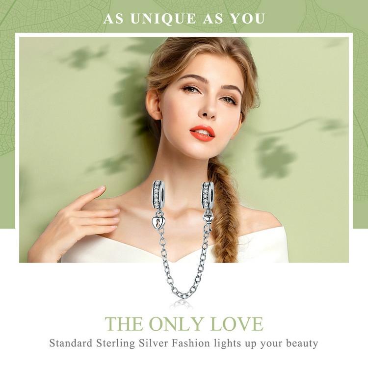 925 Sterling Silver Stackable Heart Pendant Safety Chain In 4