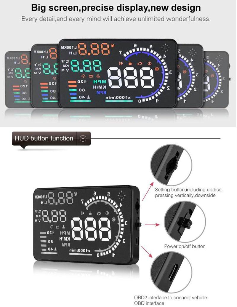 Car Obdii Hud Warning System 5.5 Inch Display Fuel Consumption Speed Alarm Water Temp Fault Diagnosis 5
