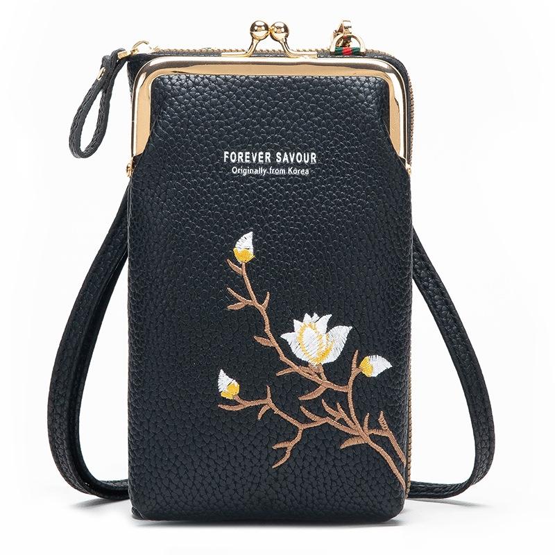 Black Embroidered Single Shoulder Phone Bag Wallet - Pink 12