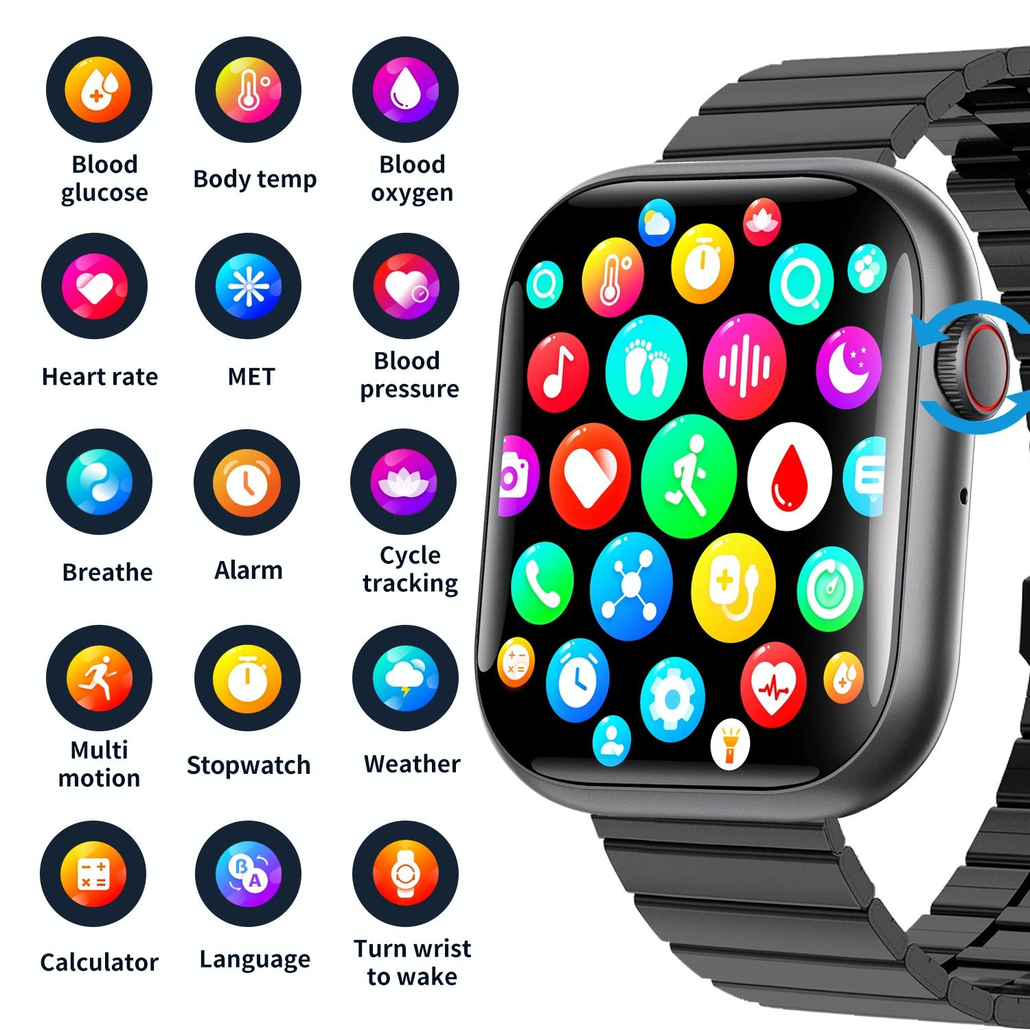 2.1 Inch Screen Smart Watch With Blood Sugar / Blood Oxygen Monitoring / Sos Alarm / 100+ Sports Modes - Black 3-Bead Steel - Black Leather 7
