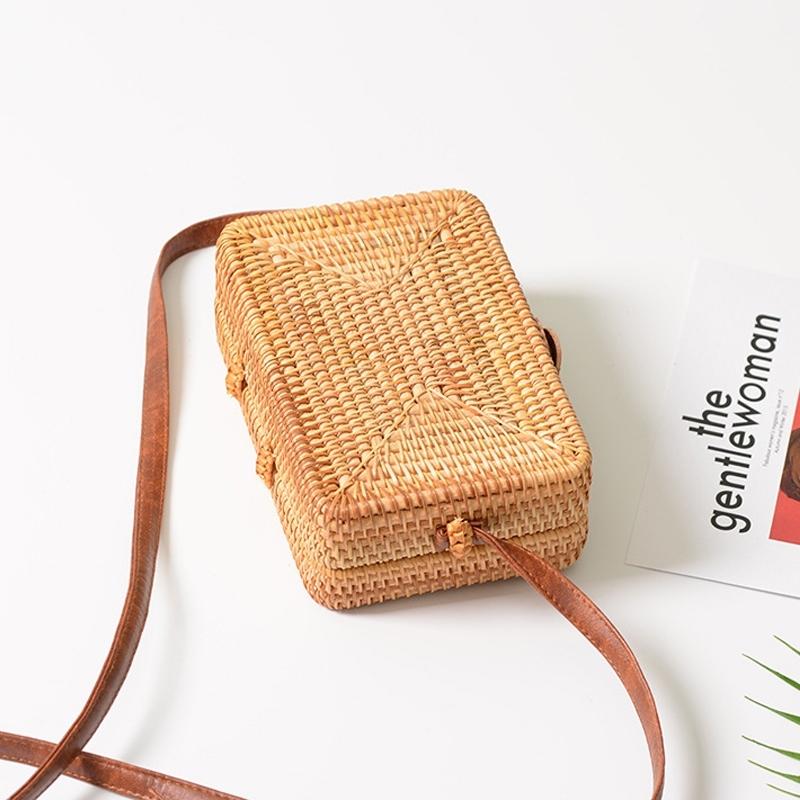 Handmade Square Rattan Bag Autumn Beach Diagonal Purse Vintage Style 19X13X7Cm 5