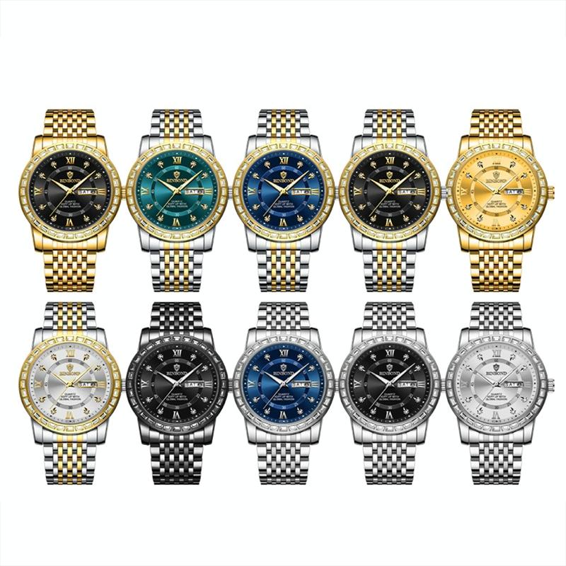 Diamond Dual-calendar Luminous Quartz Watch - B2202 - Full-Gold-Black 3