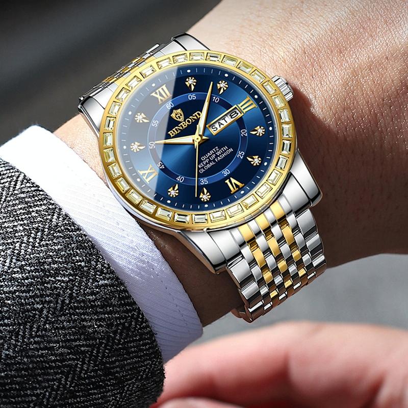 Diamond Dual-calendar Luminous Quartz Watch - B2202 - Full-Gold-Black 7