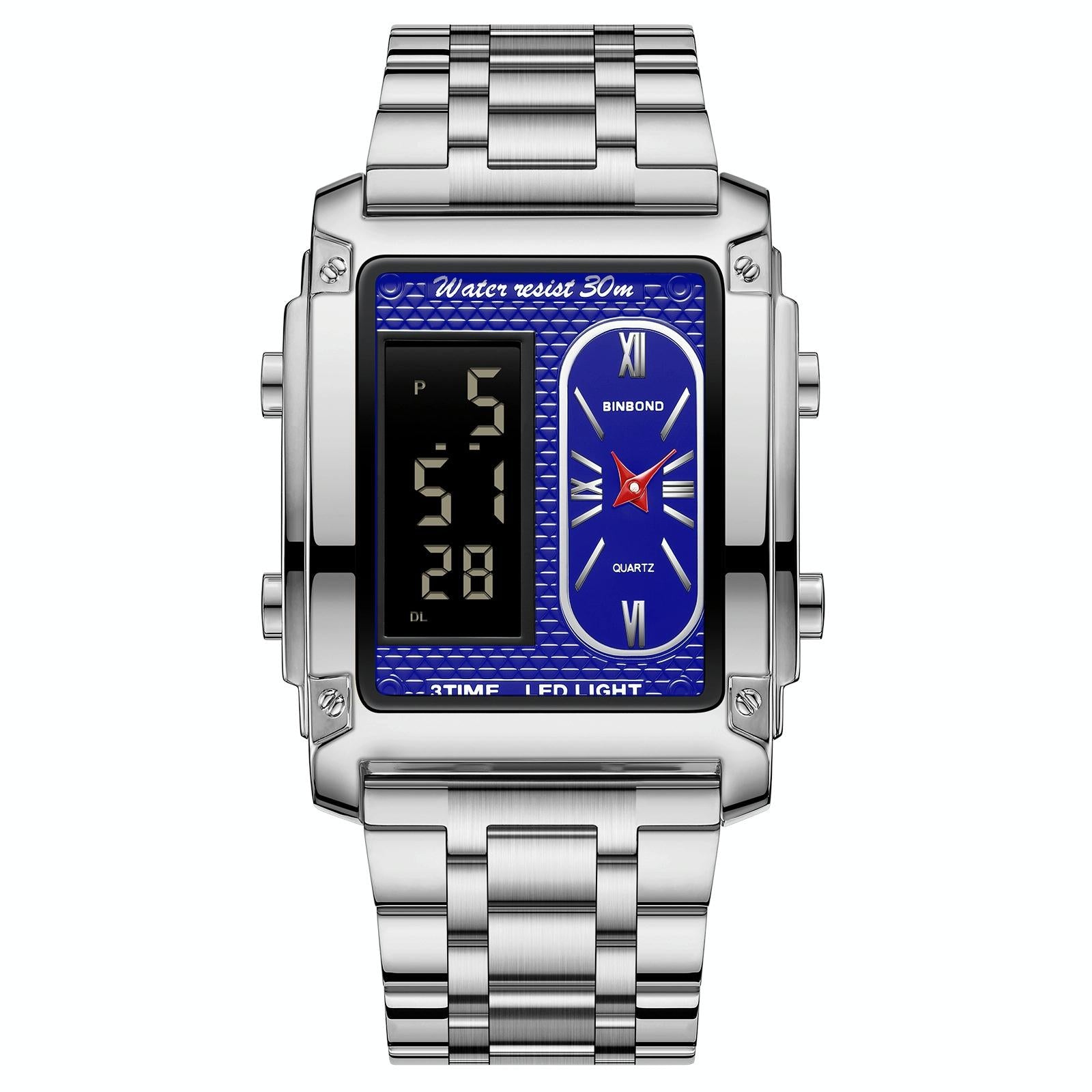 Waterproof Men Led Quartz Watch - Multifunctional Luminous - Metal-Blue