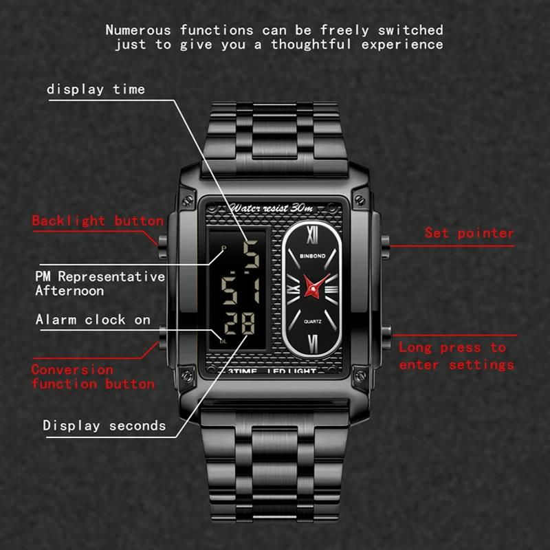 Waterproof Men Led Quartz Watch - Multifunctional Luminous - Metal-Blue 5