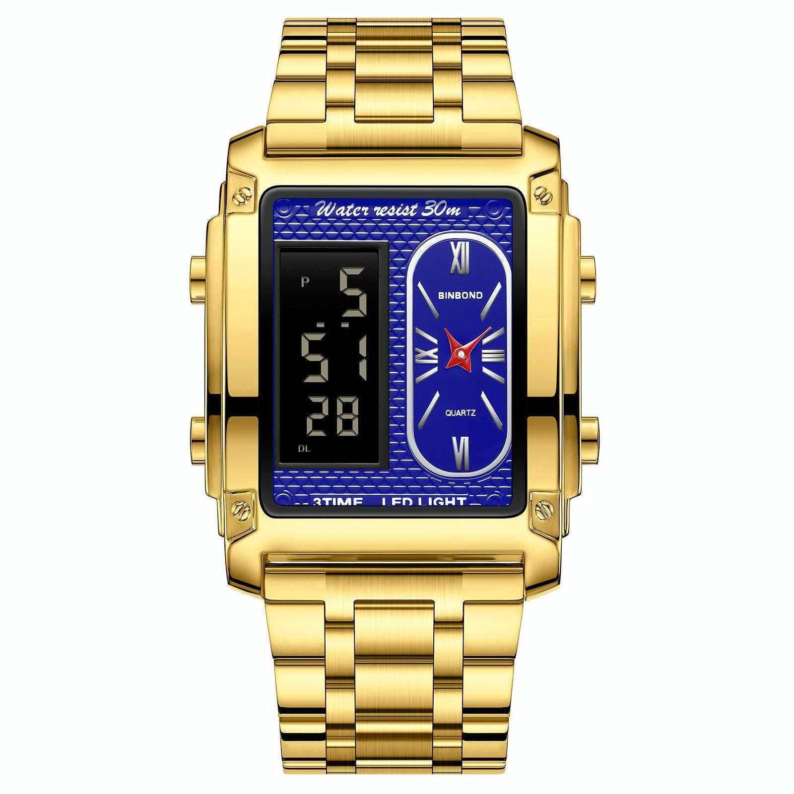 Waterproof Men Led Quartz Watch - Multifunctional Luminous - Metal-Blue 13