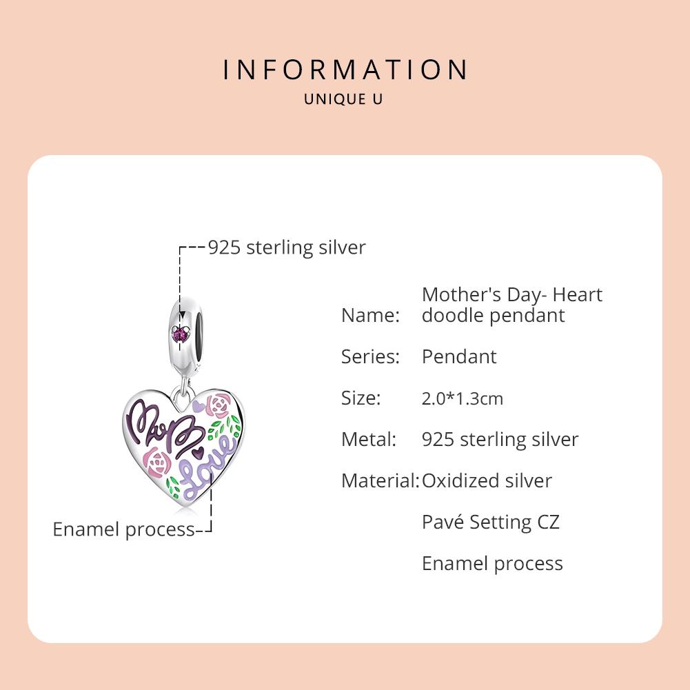 925 Sterling Silver Colorful Doodle Heart Pendant For Diy Bracelet Or Necklace 4