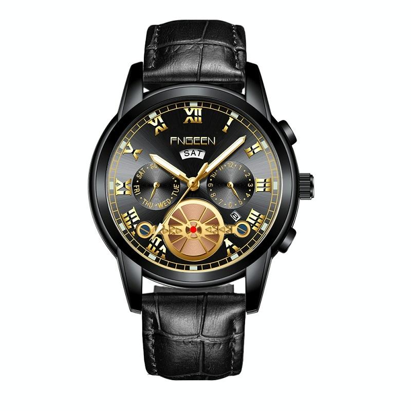 Men Multi-function Quartz Watch - Black Leather and Steel with Black Surface