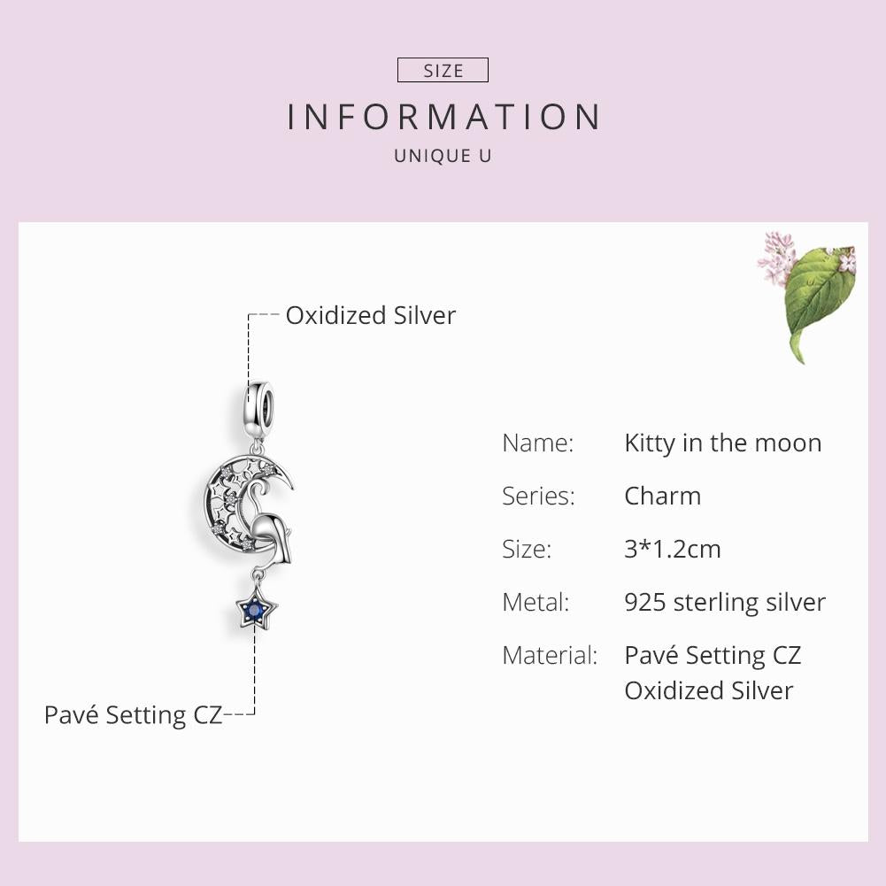 925 Sterling Silver Moon Cat Pendant For Bracelet Or Necklace 6