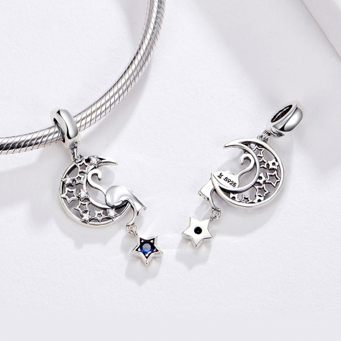 925 Sterling Silver Moon Cat Pendant For Bracelet Or Necklace 7