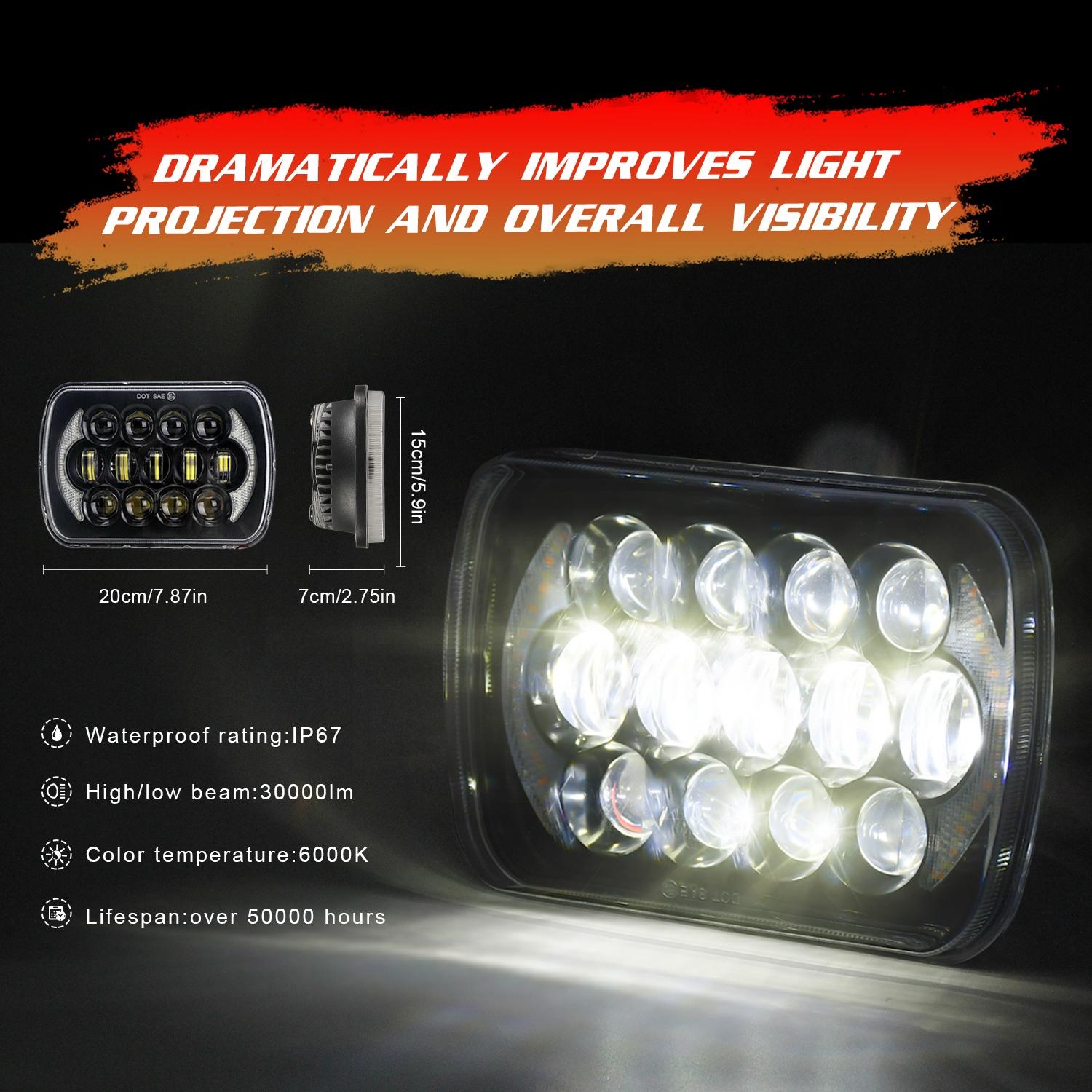 7 Inch 5X7 / 7X6 H4 Dc 9V - 30V 30000Lm 300W 8Leds Car Square Shape Led Headlight Lamps For Jeep Wrangler 10
