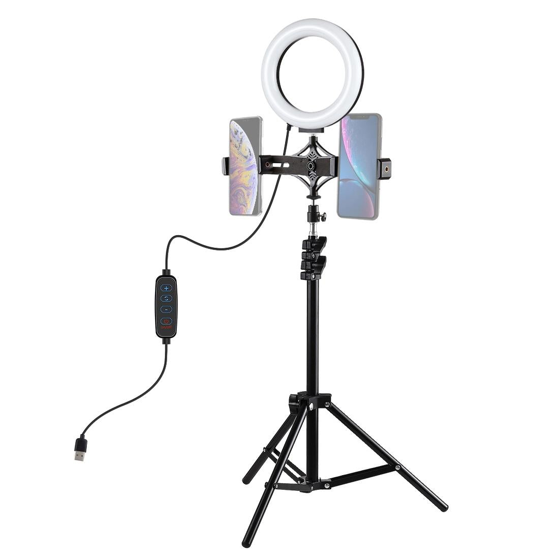 Live Broadcast Dual Phone Bracket with 1.1m Tripod & 6.2 Inch Led Ring Light Kit 3