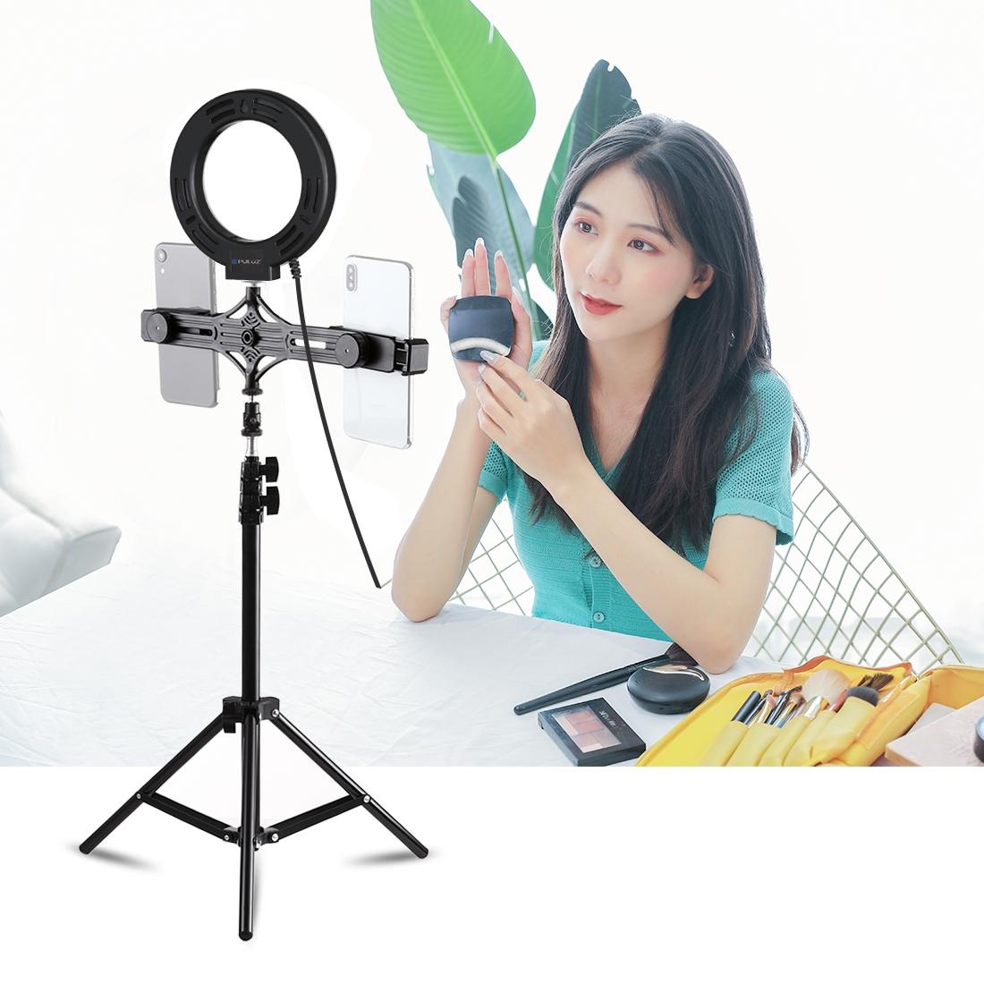 Live Broadcast Dual Phone Bracket with 1.1m Tripod & 6.2 Inch Led Ring Light Kit 13