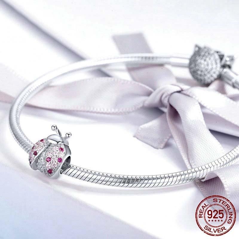 925 Sterling Silver Ladybug Pink Cz Insect Charm For Diy Bracelets 5