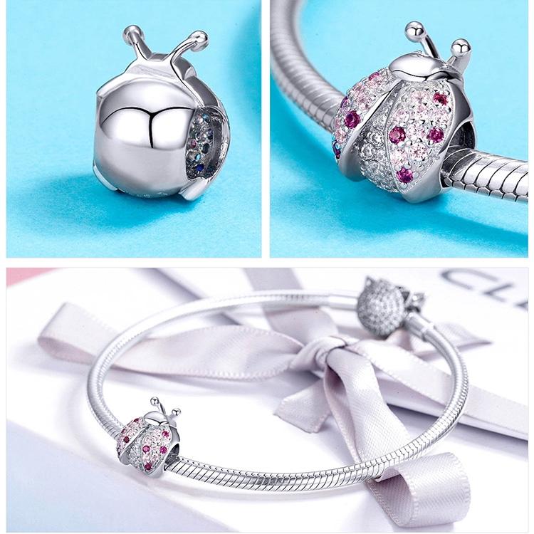 925 Sterling Silver Ladybug Pink Cz Insect Charm For Diy Bracelets 6