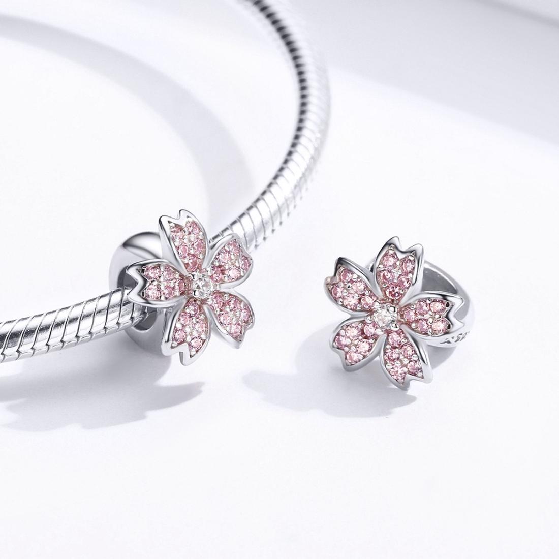 925 Sterling Silver Platinum Plated Pink Flower Beads For Diy Bracelets 7