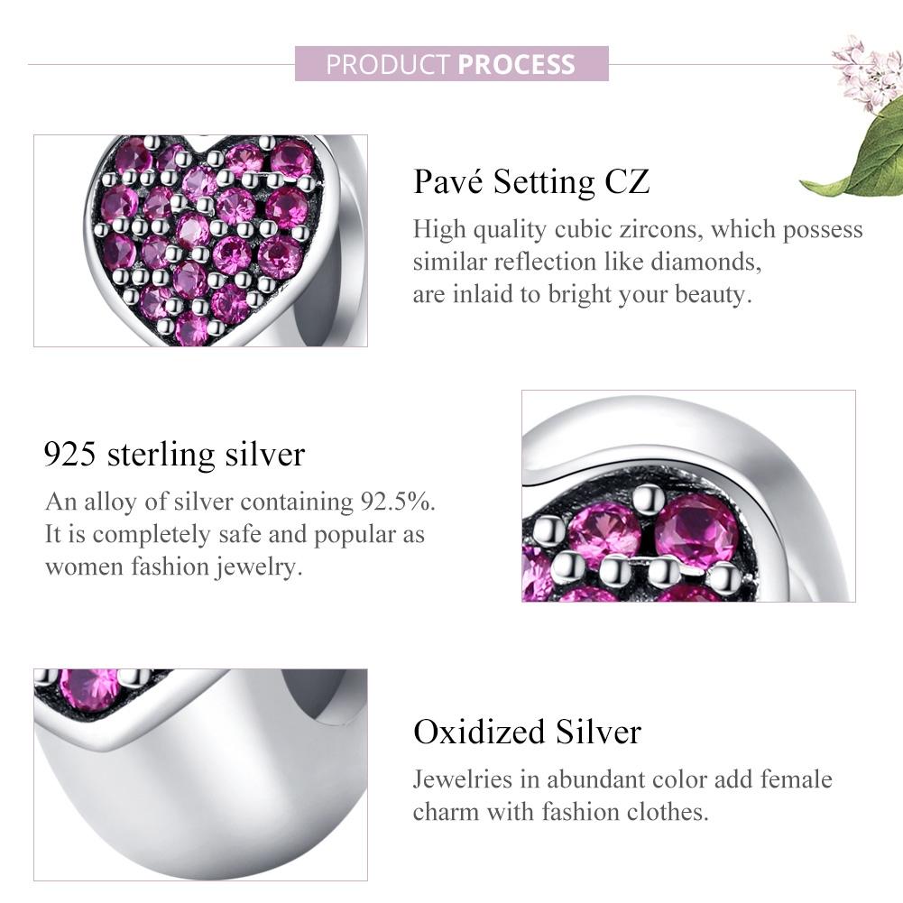 925 Sterling Silver Love Heart Pink Zircon Bracelet / Necklace Charm 5