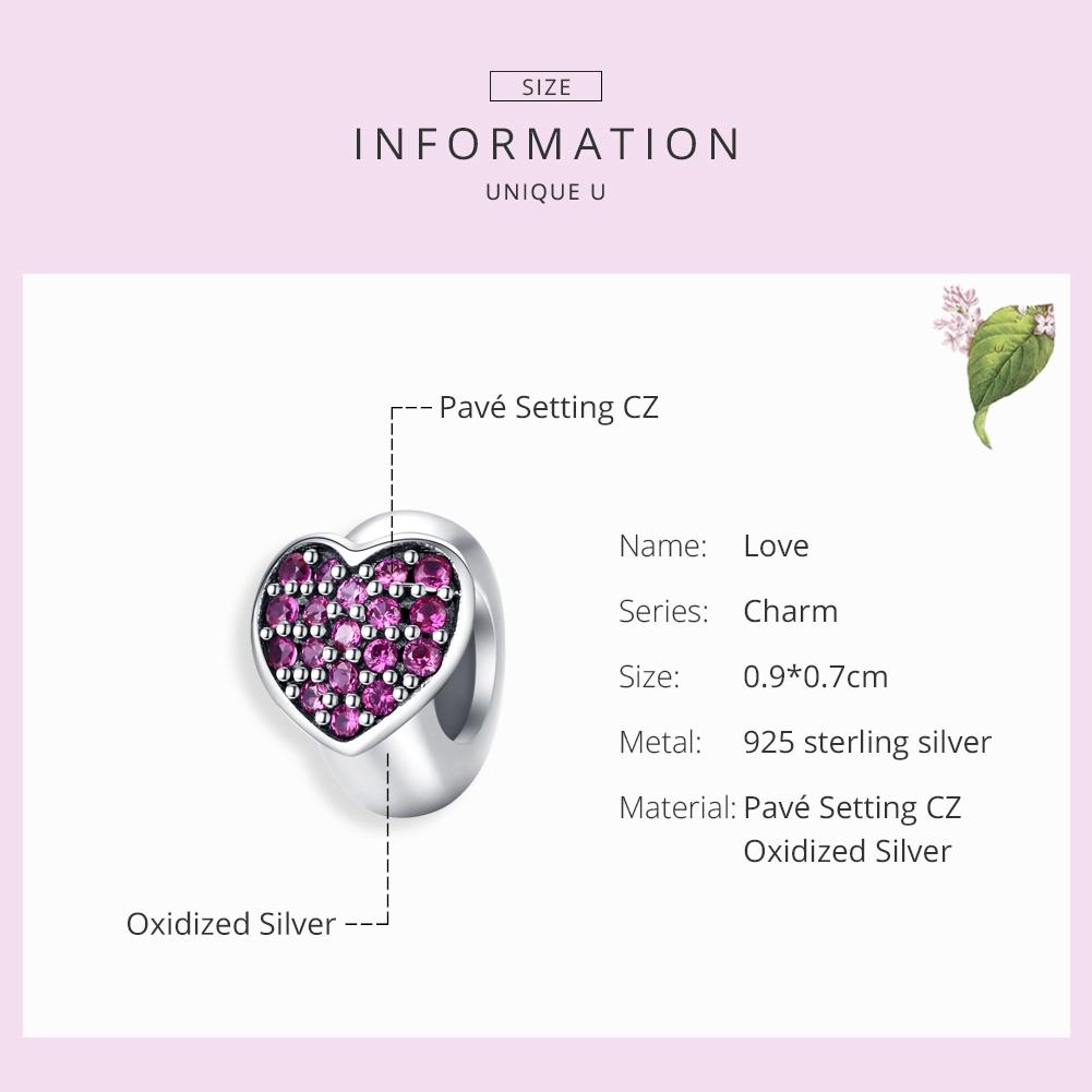 925 Sterling Silver Love Heart Pink Zircon Bracelet / Necklace Charm 6