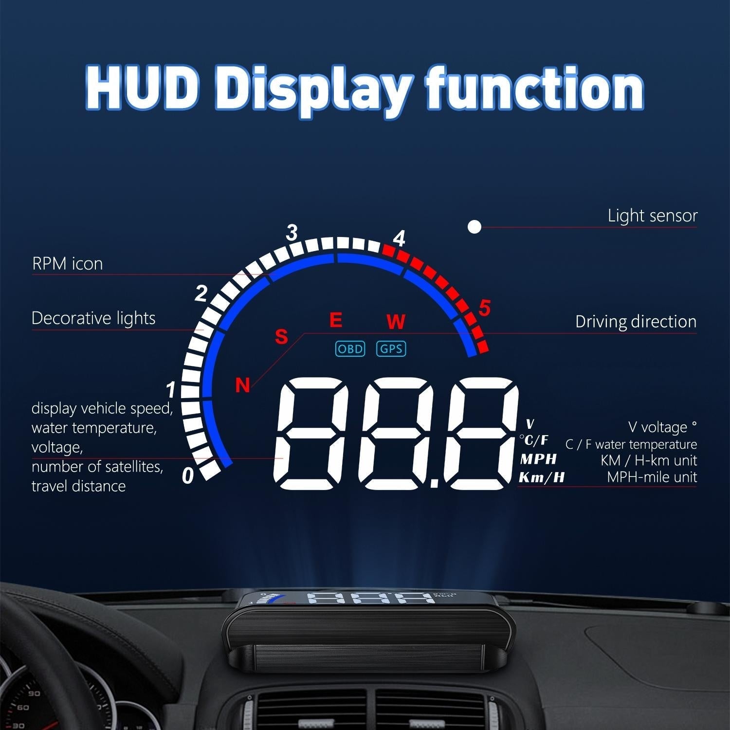 Hud Car Display Overspeed Speed Temp Alarm Obd2 + Gps 12