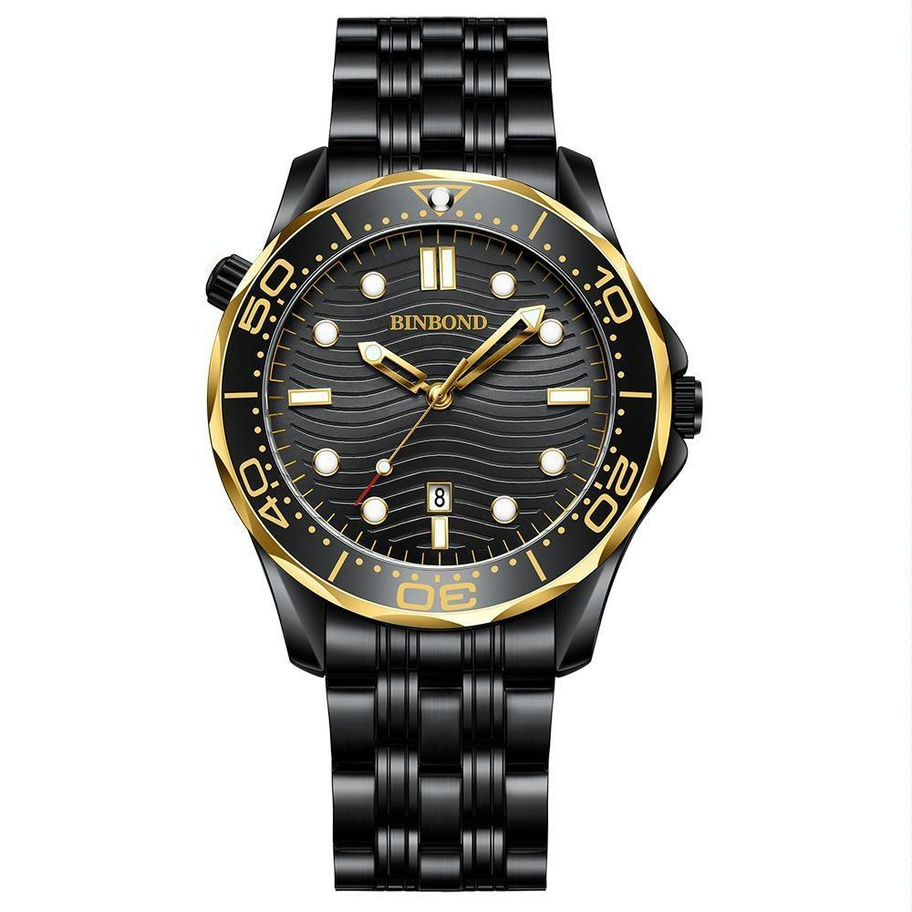 30m Waterproof Men Quartz Watch - Black Steel with Inter-gold Accents and Luminous Dial