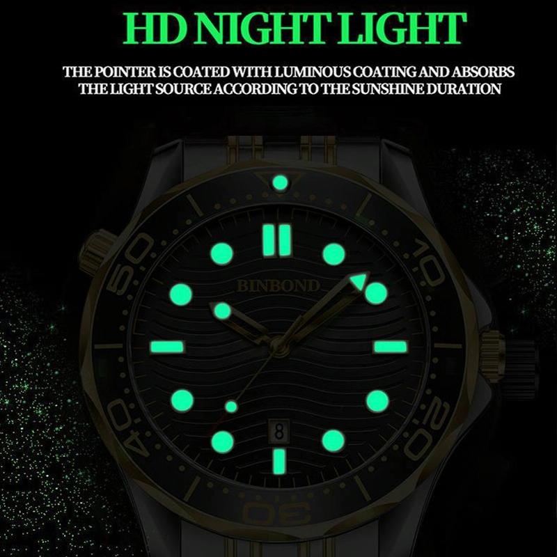 30m Waterproof Men Quartz Watch - Black Steel with Inter-gold Accents and Luminous Dial 7