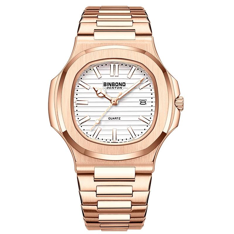Retro Luminous Square Men Quartz Watch - 30m Waterproof - Rose Gold-White