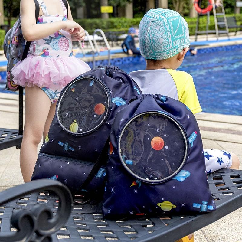 Blue Waterproof Drawstring Beach Bag L Size For Kids Wet & Dry Separation Shoulder Strap - Tibetan S 7