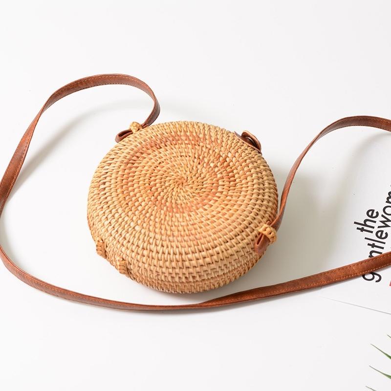 Handmade Round Rattan Bag Vintage Art Beach Diagonal Bag 18X18X6Cm 4