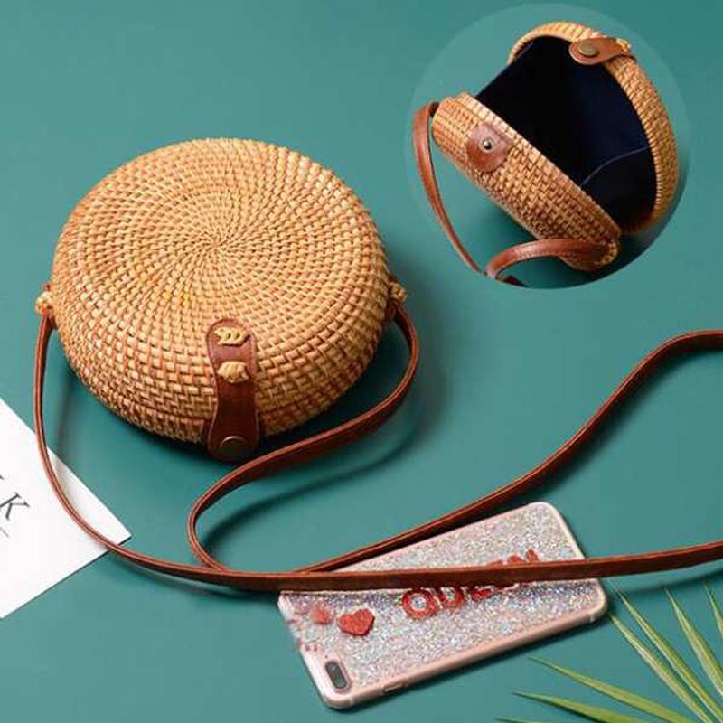 Handmade Round Rattan Bag Vintage Art Beach Diagonal Bag 18X18X6Cm 6