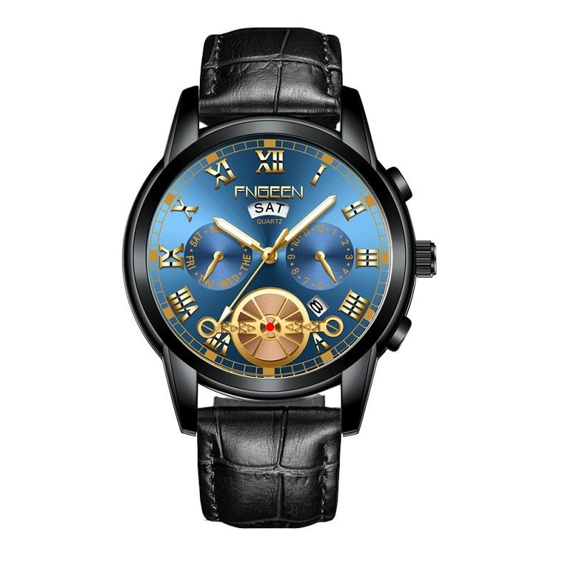 Men Multi-function Quartz Watch with Black Leather Strap and Blue Dial