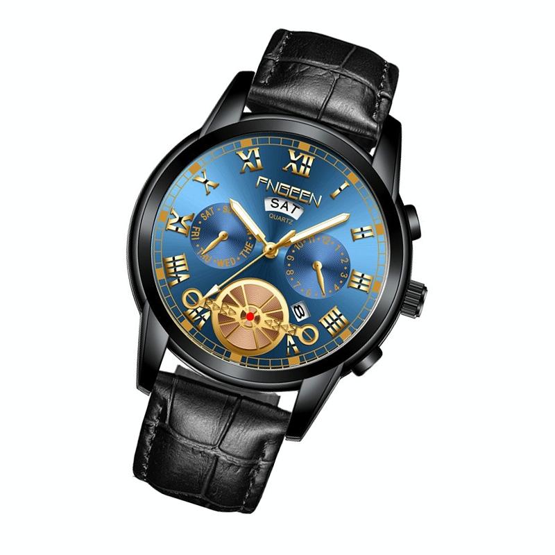Men Multi-function Quartz Watch with Black Leather Strap and Blue Dial 3