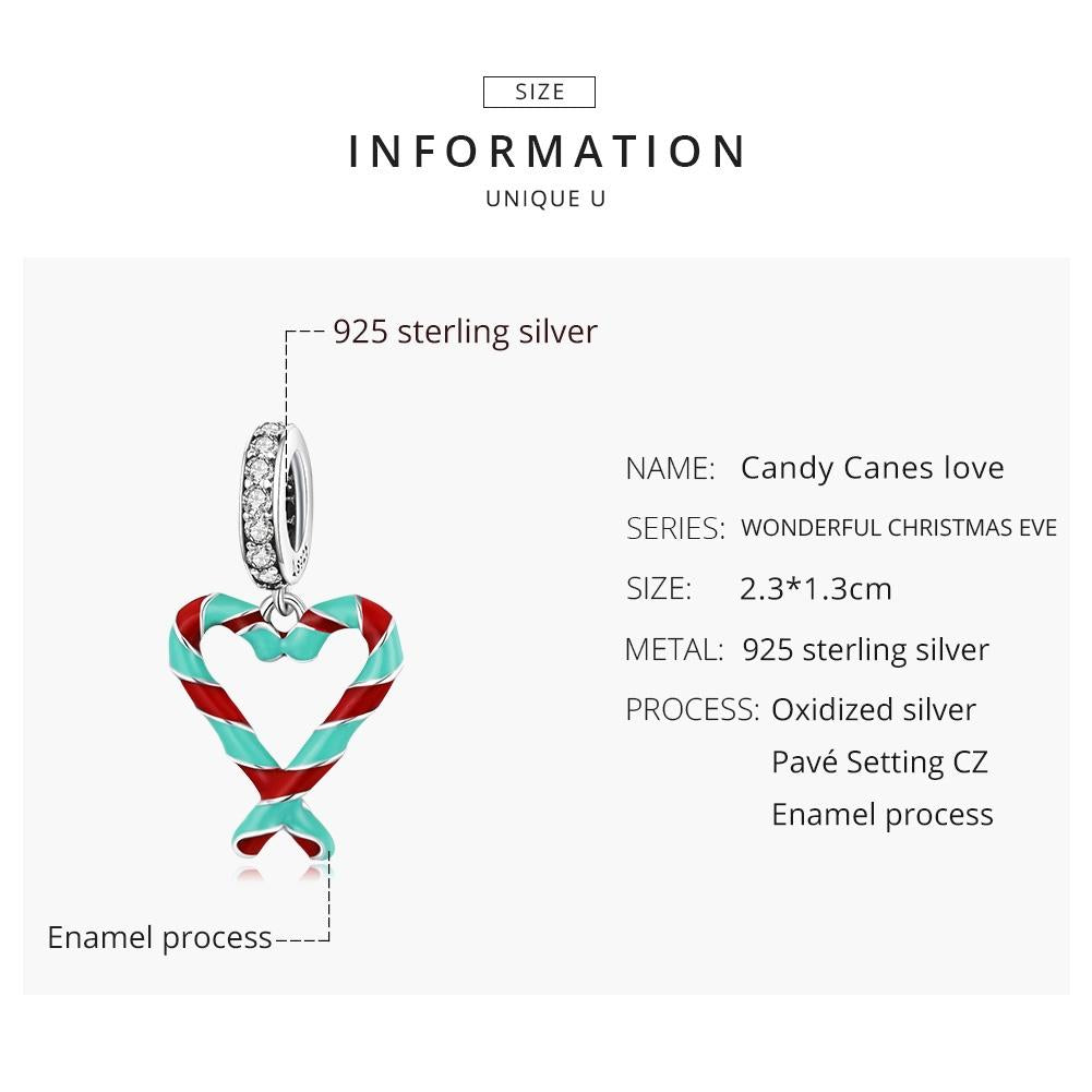 925 Sterling Silver Heart Candy Cane Pendant For Diy Bracelets & Necklaces 4