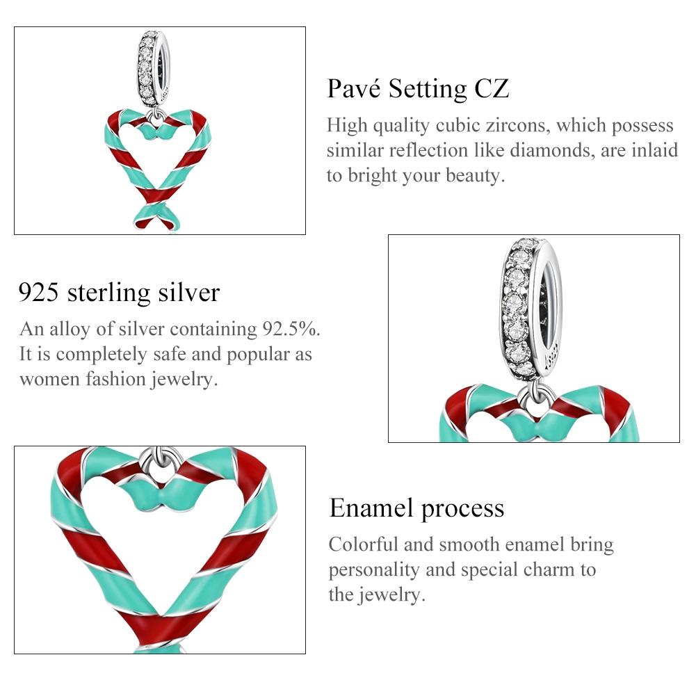 925 Sterling Silver Heart Candy Cane Pendant For Diy Bracelets & Necklaces 5