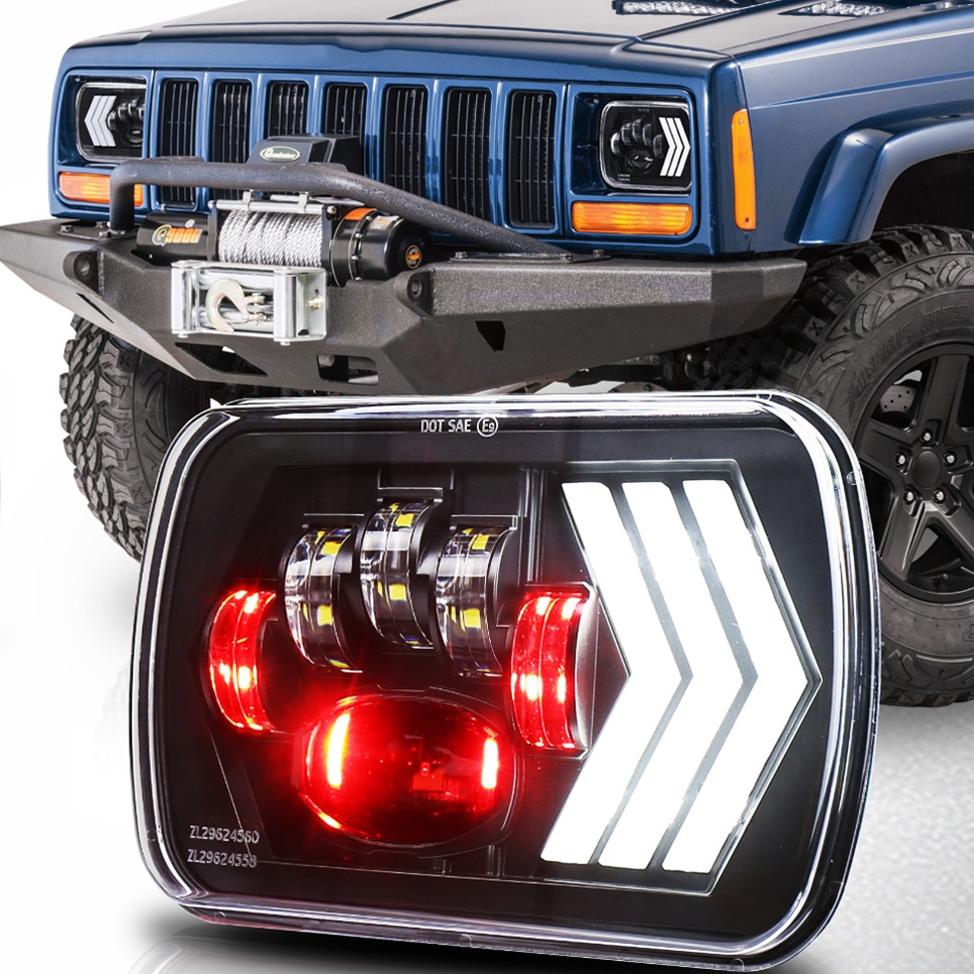 2 Pcs 5X7 Inch Car Modified Red Background Led Square Headlamp For Jeep Wrangler 6