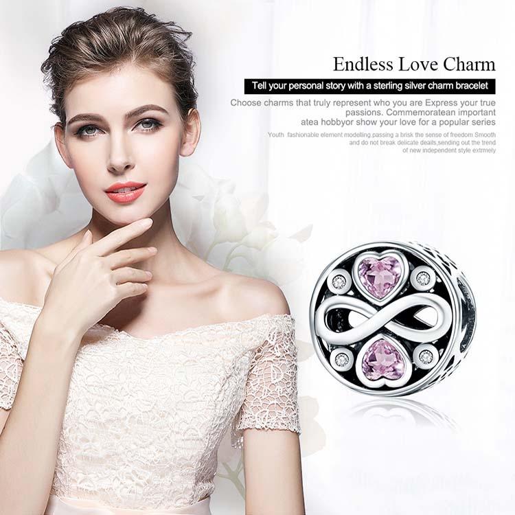 925 Sterling Silver Love Infinity Pink Heart Crystal Charm Bracelet 5