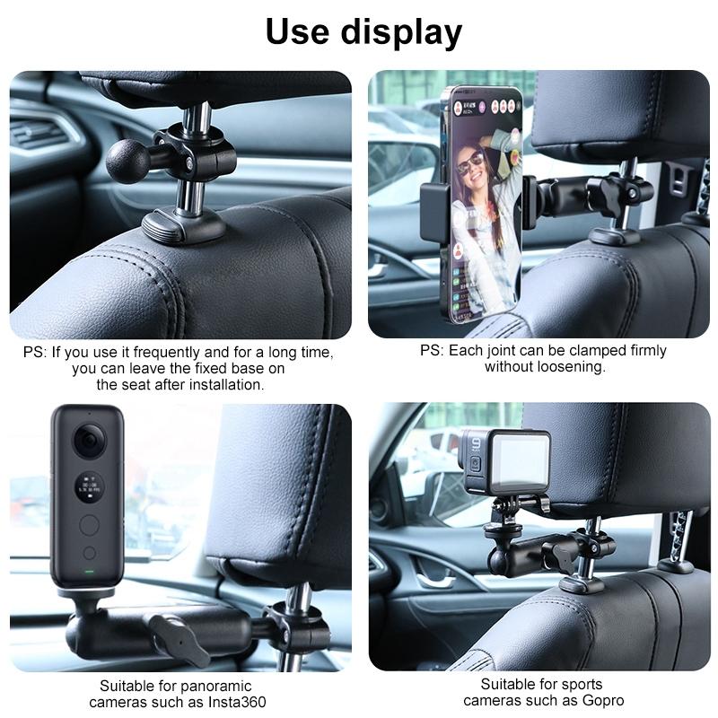 25mm Ballhead Car Seat Mount for Action Cameras with Phone Clamp and Anti-lost Case 5