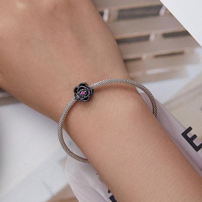 925 Sterling Silver Diy Black Rose Bead Bracelet 6