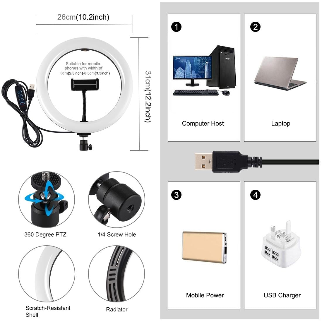 26cm Dimmable Led Ring Light with Tripod and Phone Clamp - Black 12