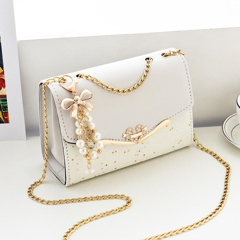 Sequined Messenger Shoulder Bag For Women Beige - Red With Pendant 6