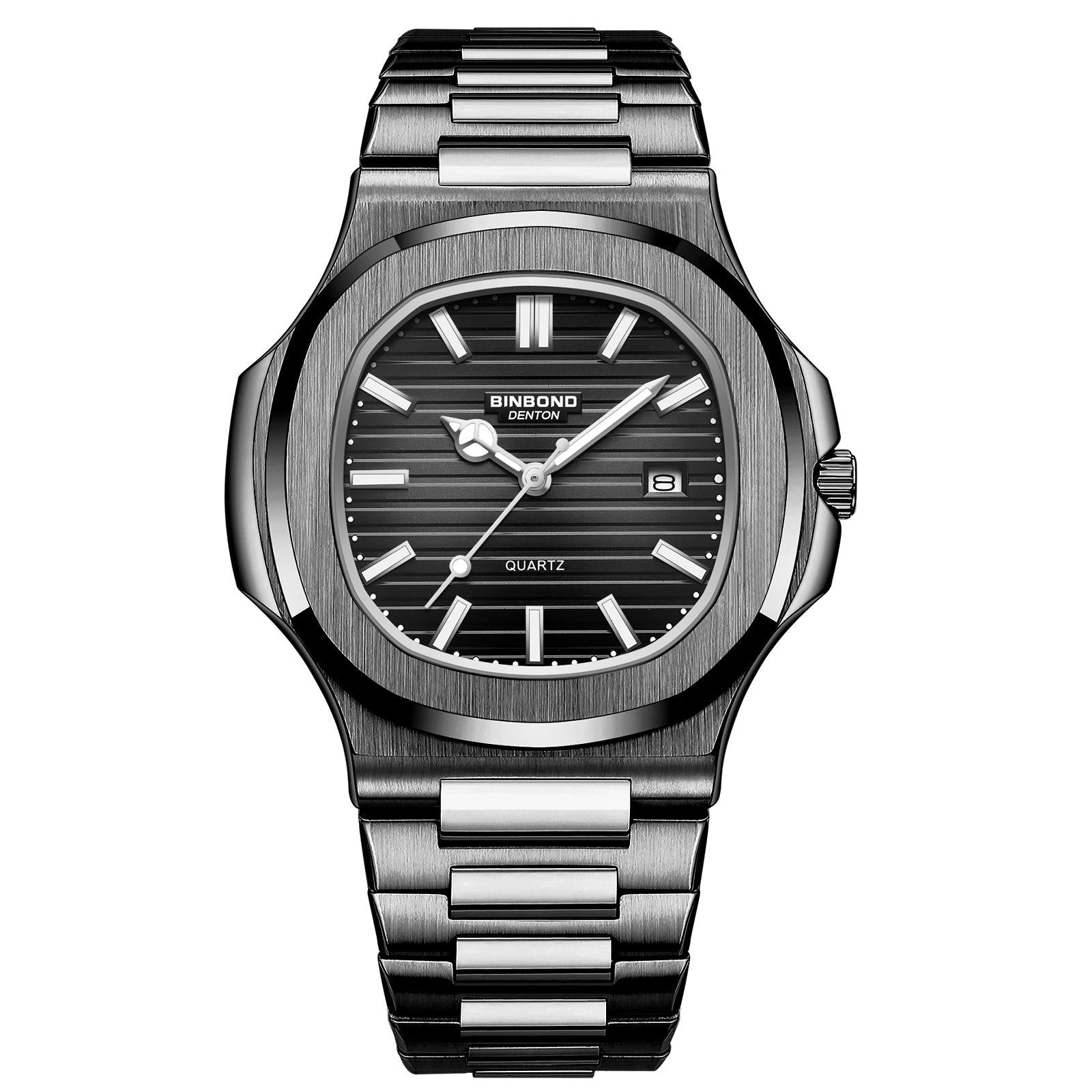 Retro Luminous Square Men Quartz Watch - 30m Waterproof - Black Steel-Black-White